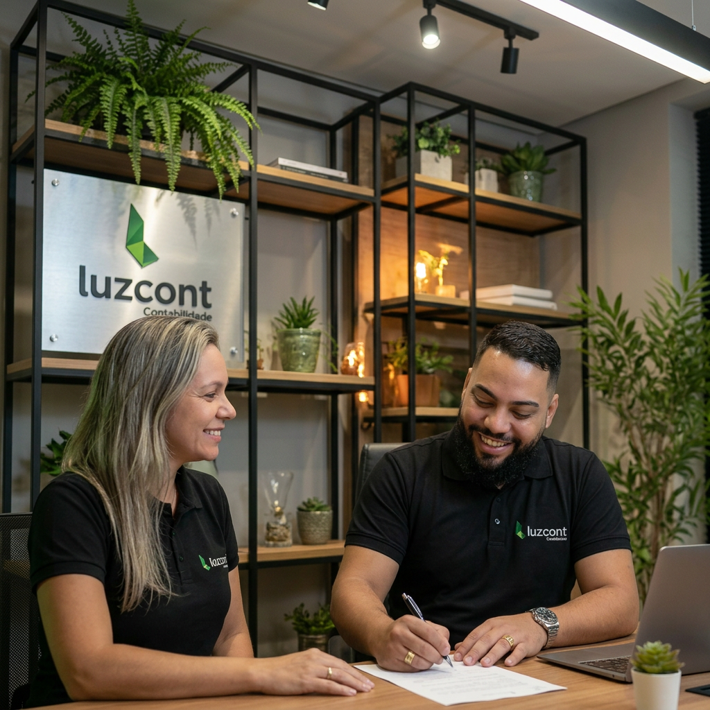 Equipe Luzcont em atendimento consultivo no escritório