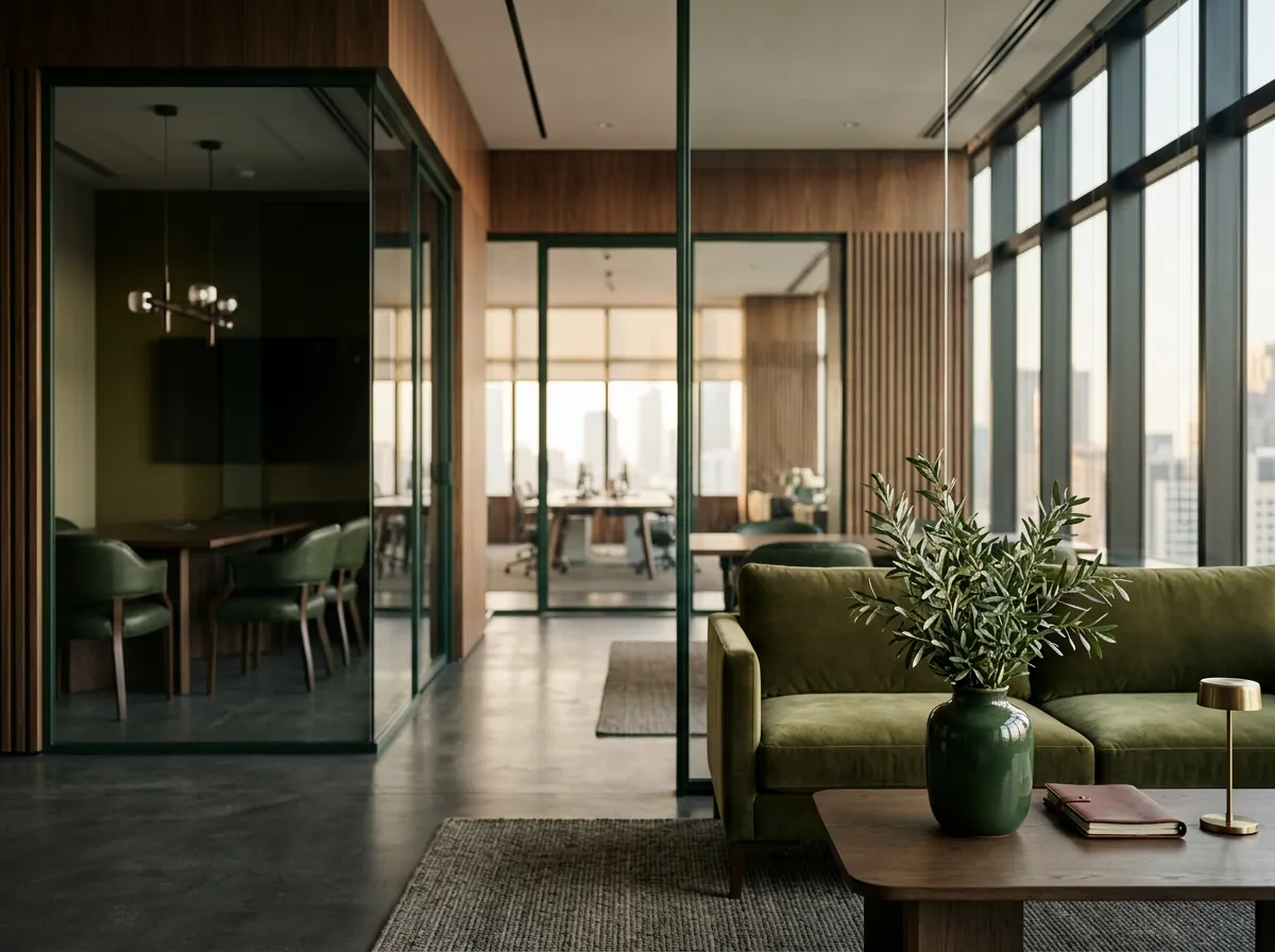 Escritório moderno com divisórias de vidro de moldura verde, sofá veludo verde-oliva, vaso com ramos e vista da cidade