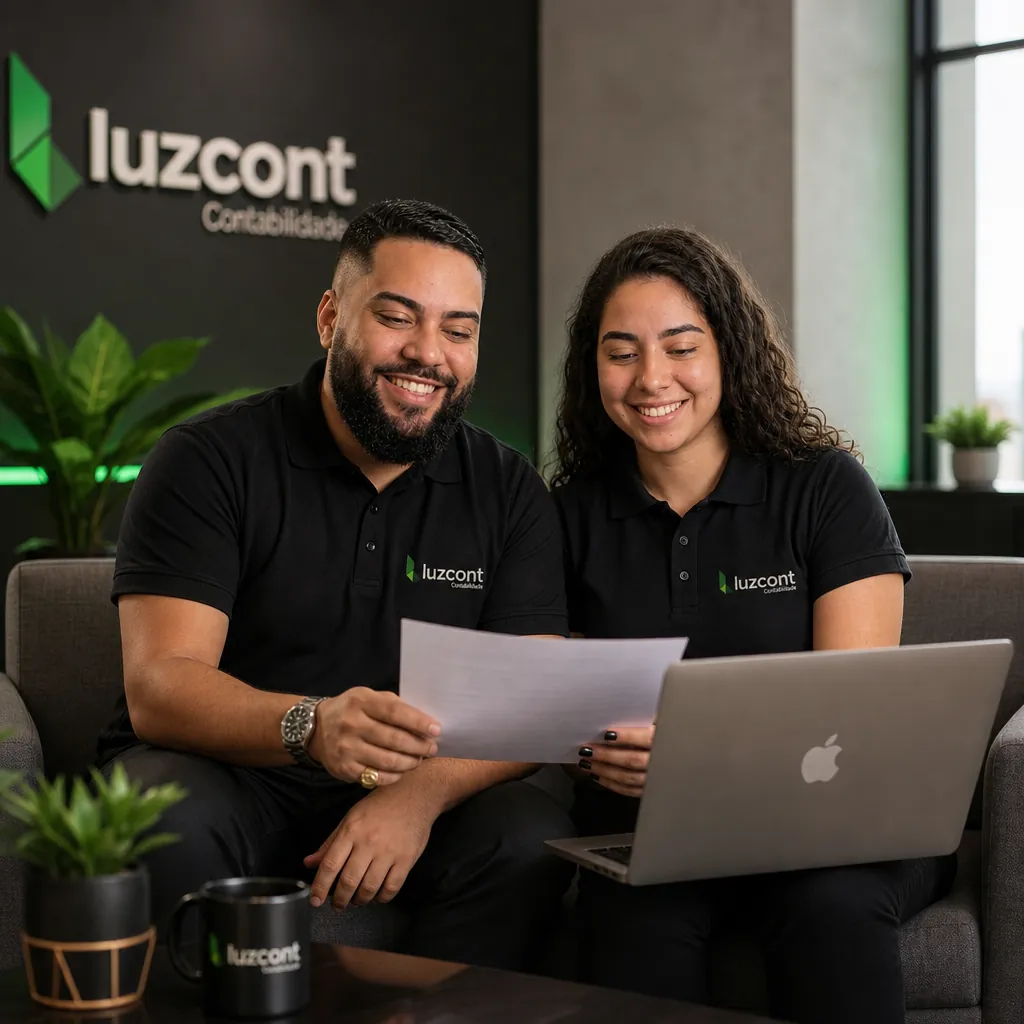 Especialistas Luzcont revisando documentos e acompanhando a contabilidade mensal do cliente