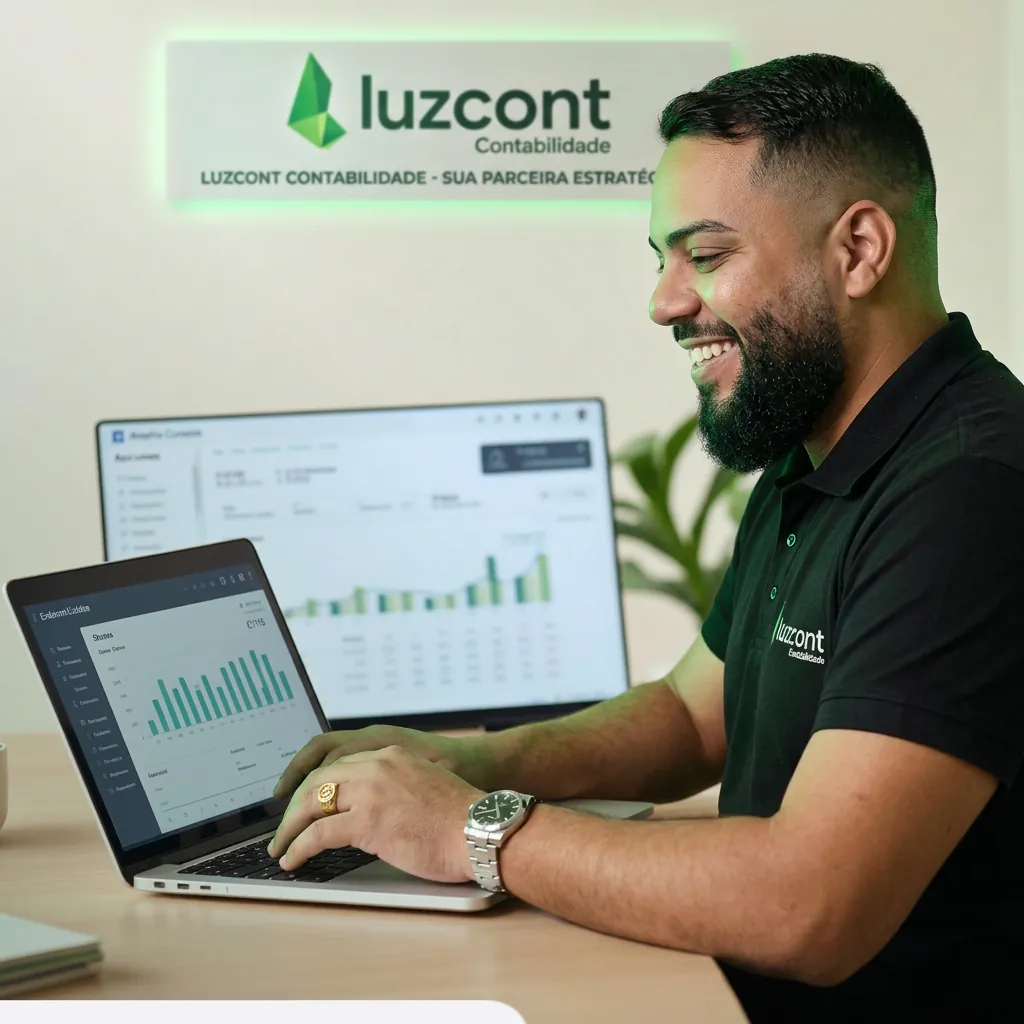 Especialista Luzcont analisando dashboards e acompanhando a contabilidade do cliente na plataforma